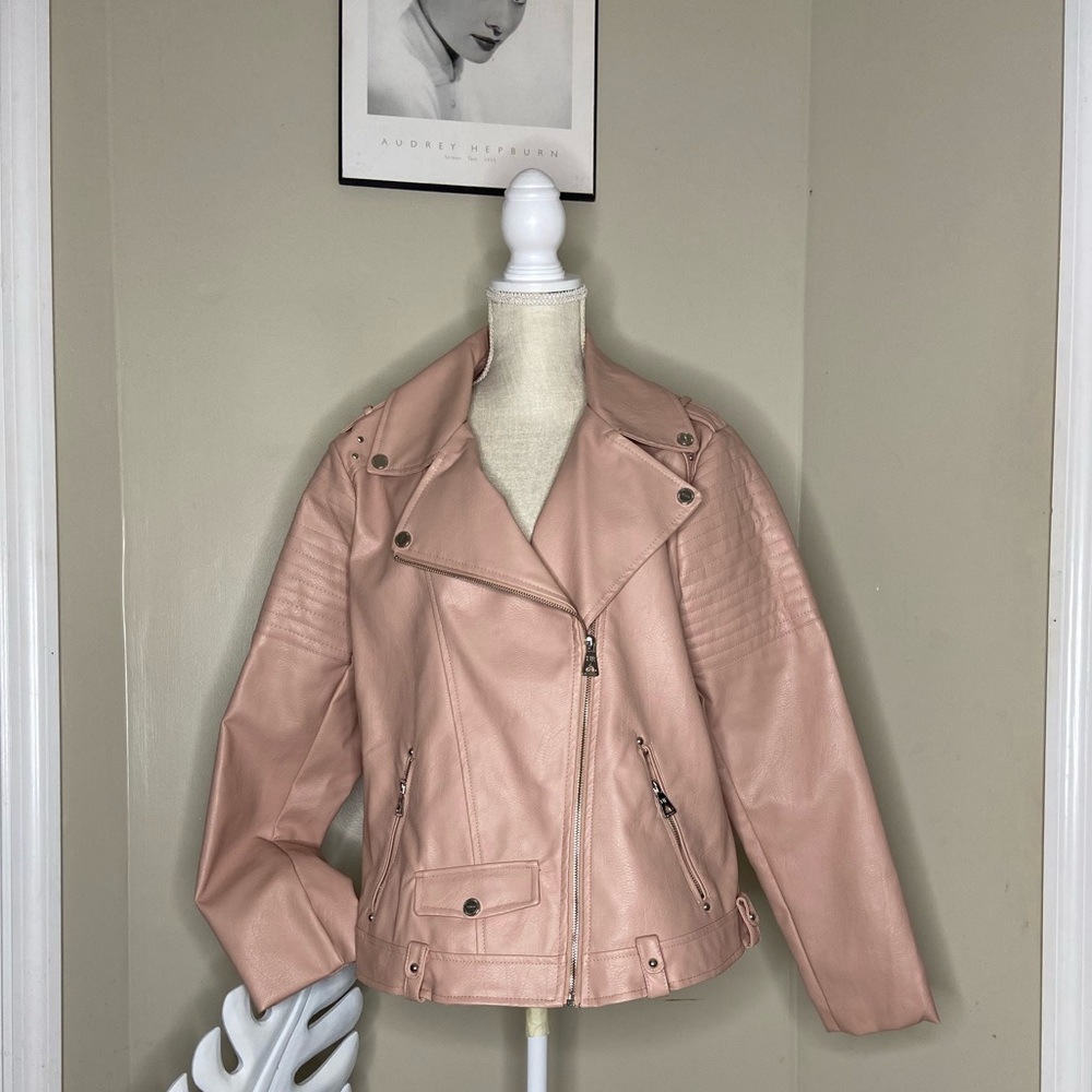 Plus Size Mauve Pink Faux Leather Zip Pocket Biker Jacket Size 1X